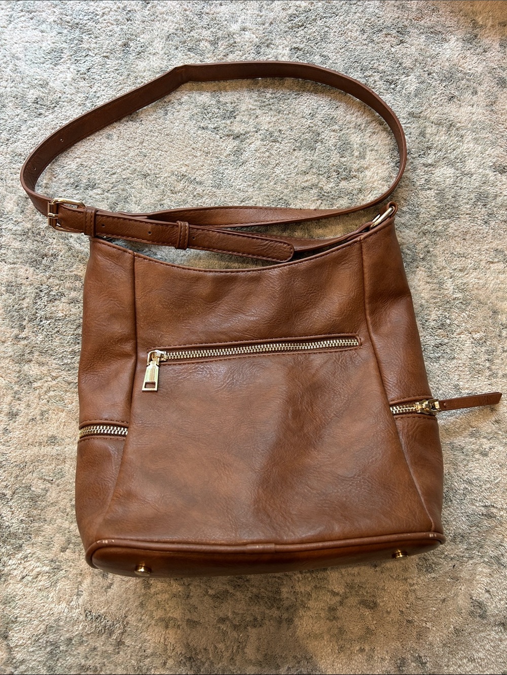 Everyday Tan Leatherette Crossbody Bag with Gold Zippers
